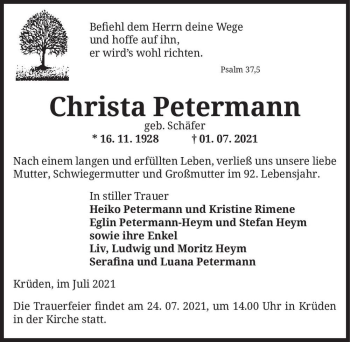Traueranzeige von Christa Petermann (geb. Schäfer)  von Magdeburger Volksstimme