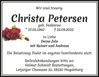 Traueranzeige von Christa Petersen (geb. Fedderau)  von Magdeburger Volksstimme