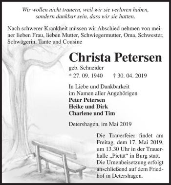 Traueranzeige von Christa Petersen (geb. Schneider)  von Magdeburger Volksstimme