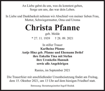 Traueranzeige von Christa Pfanne (geb. Melde)  von Magdeburger Volksstimme