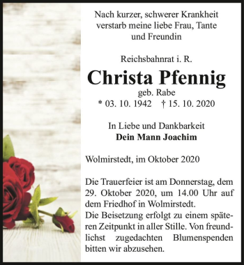 Traueranzeige von Christa Pfennig (geb. Rabe)  von Magdeburger Volksstimme