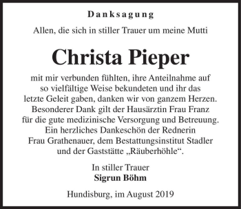 Traueranzeige von Christa Pieper  von Magdeburger Volksstimme
