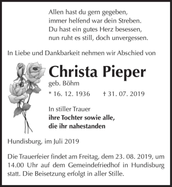 Traueranzeige von Christa Pieper (geb. Böhm)  von Magdeburger Volksstimme