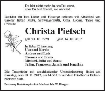 Traueranzeige von Christa Pietsch  von Magdeburger Volksstimme