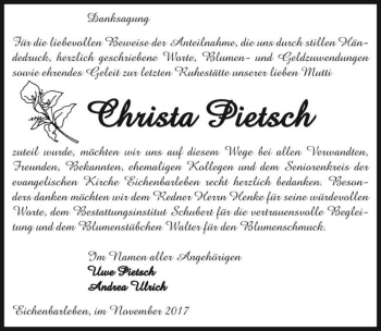 Traueranzeige von Christa Pietsch  von Magdeburger Volksstimme