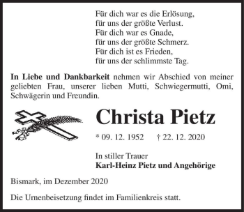 Traueranzeige von Christa Pietz  von Magdeburger Volksstimme