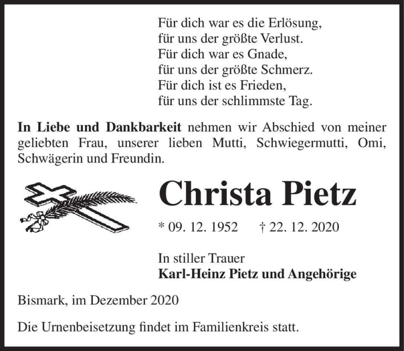 Traueranzeige für Christa Pietz  vom 30.12.2020 aus Magdeburger Volksstimme