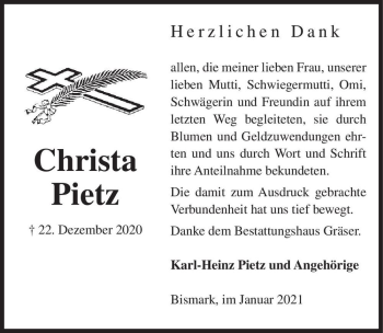 Traueranzeige von Christa Pietz  von Magdeburger Volksstimme