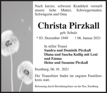 Traueranzeige von Christa Pirzkall (geb. Schulz)  von Magdeburger Volksstimme