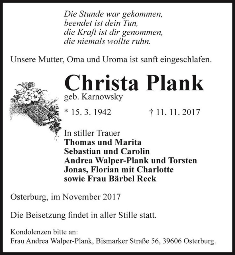  Traueranzeige für Christa Plank (geb. Karnowsky)  vom 16.11.2017 aus Magdeburger Volksstimme