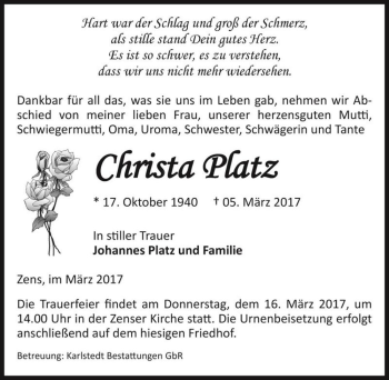Traueranzeige von Christa Platz  von Magdeburger Volksstimme