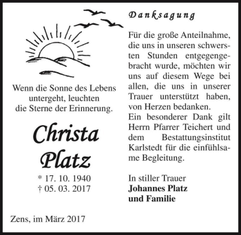 Traueranzeige von Christa Platz  von Magdeburger Volksstimme