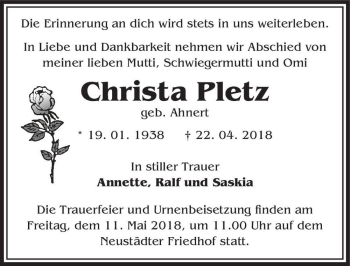 Traueranzeige von Christa Pletz (geb. Ahnert)  von Magdeburger Volksstimme