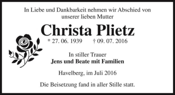 Traueranzeige von Christa Plietz  von Magdeburger Volksstimme