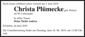 Traueranzeige von Christa Plümecke (geb. Pickert)  von Magdeburger Volksstimme