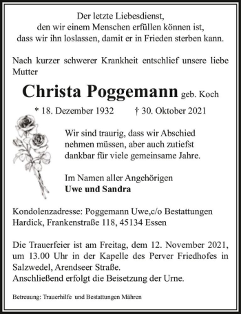 Traueranzeige von Christa Poggemann (geb. Koch)  von Magdeburger Volksstimme