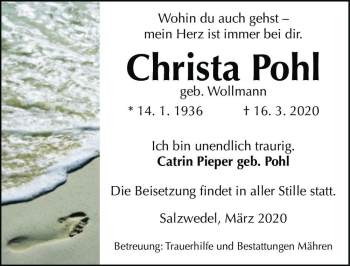 Traueranzeige von Christa Pohl (geb. Wollmann)  von Magdeburger Volksstimme