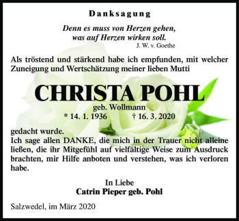 Traueranzeige von Christa Pohl (geb. Wollmann)  von Magdeburger Volksstimme