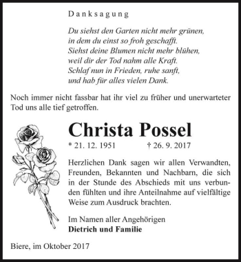Traueranzeige von Christa Possel  von Magdeburger Volksstimme