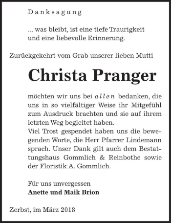 Traueranzeige von Christa Pranger  von Magdeburger Volksstimme
