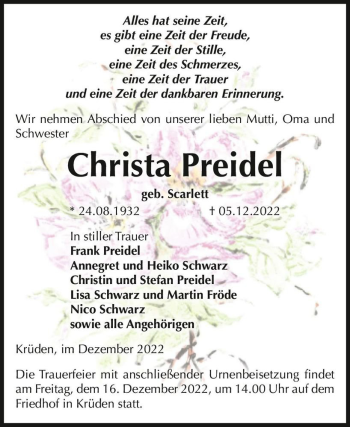 Traueranzeige von Christa Preidel (geb. Scarlett)  von Magdeburger Volksstimme