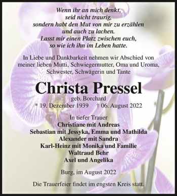 Traueranzeige von Christa Pressel (geb. Borchard)  von Magdeburger Volksstimme