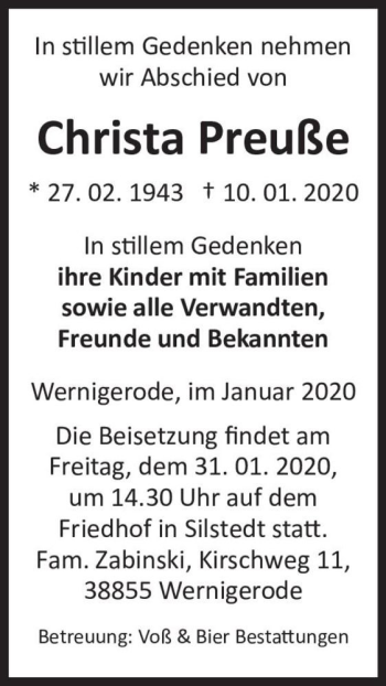 Traueranzeige von Christa Preuße  von Magdeburger Volksstimme