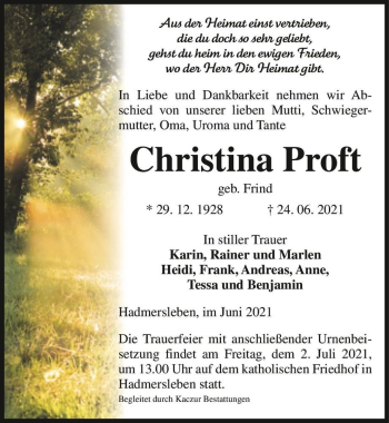 Traueranzeige von Christa Proft (geb. Frind)  von Magdeburger Volksstimme