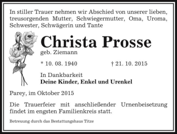 Traueranzeige von Christa Prosse (geb. Ziemann)  von Magdeburger Volksstimme