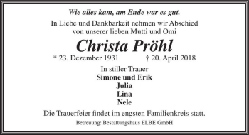 Traueranzeige von Christa Pröhl  von Magdeburger Volksstimme