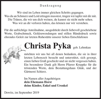 Traueranzeige von Christa Pyka (geb. Lehmkau)  von Magdeburger Volksstimme