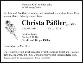 Traueranzeige von Christa Päßler (geb. Gille)  von Magdeburger Volksstimme