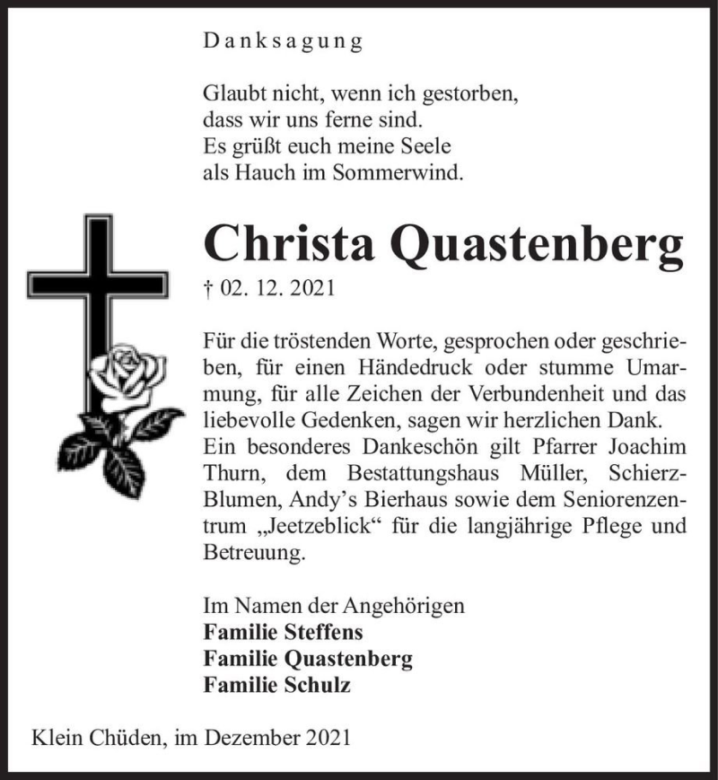  Traueranzeige für Christa Quastenberg  vom 28.12.2021 aus Magdeburger Volksstimme