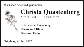 Traueranzeige von Christa Quastenberg  von Magdeburger Volksstimme