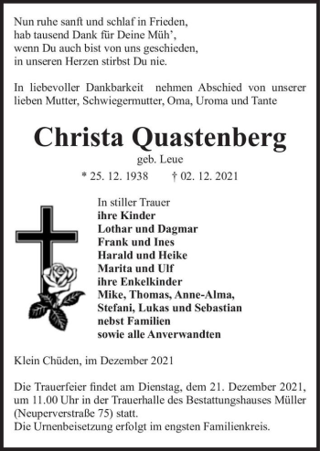 Traueranzeige von Christa Quastenberg (geb. Leue)  von Magdeburger Volksstimme
