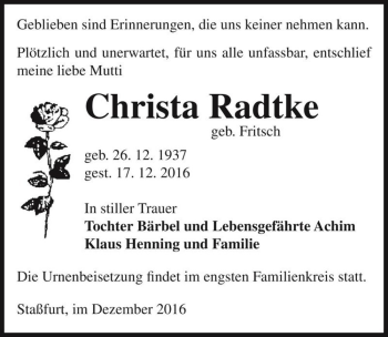 Traueranzeige von Christa Radtke (geb. Fritsch)  von Magdeburger Volksstimme