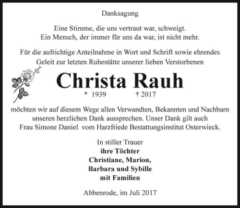 Traueranzeige von Christa Rauh  von Magdeburger Volksstimme