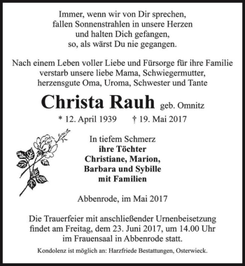 Traueranzeige von Christa Rauh (geb. Omnitz)  von Magdeburger Volksstimme