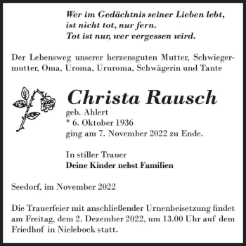 Traueranzeige von Christa Rausch (geb. Ahlert)  von Magdeburger Volksstimme