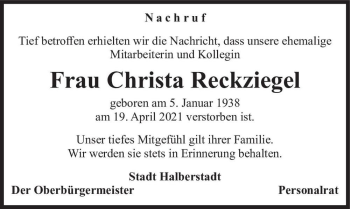 Traueranzeige von Christa Reckziegel  von Magdeburger Volksstimme