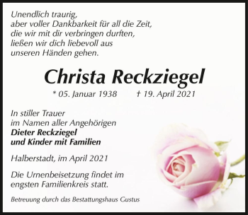 Traueranzeige von Christa Reckziegel  von Magdeburger Volksstimme