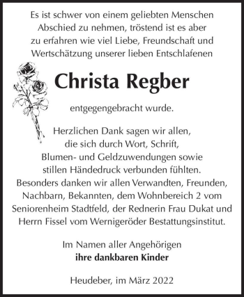 Traueranzeige von Christa Regber  von Magdeburger Volksstimme