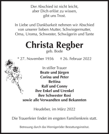 Traueranzeige von Christa Regber (geb. Bode)  von Magdeburger Volksstimme