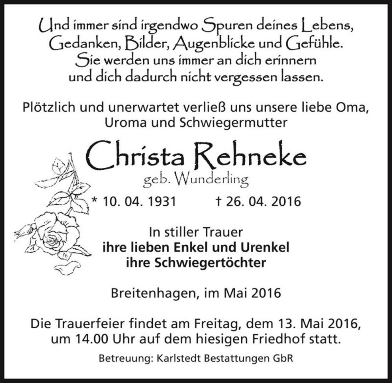  Traueranzeige für Christa Rehneke (geb. Wunderling)  vom 07.05.2016 aus Magdeburger Volksstimme