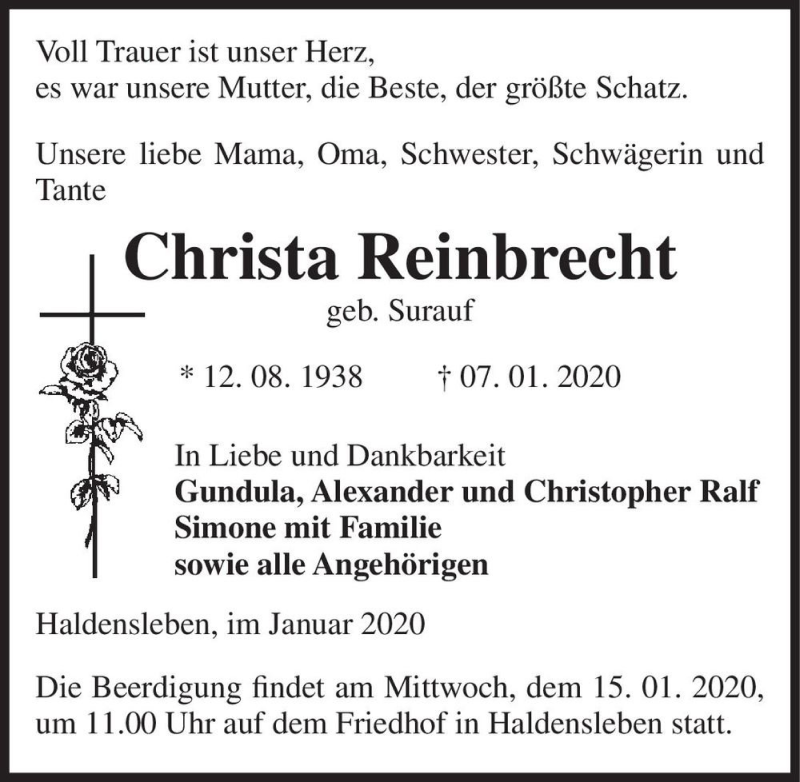  Traueranzeige für Christa Reinbrecht (geb. Surauf)  vom 11.01.2020 aus Magdeburger Volksstimme