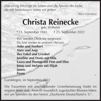 Traueranzeige von Christa Reinecke (geb. Wilhelm)  von Magdeburger Volksstimme