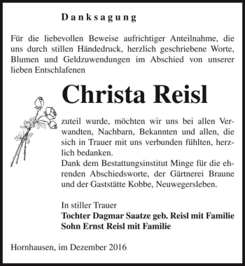 Traueranzeige von Christa Reisl  von Magdeburger Volksstimme