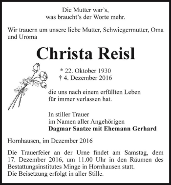 Traueranzeige von Christa Reisl  von Magdeburger Volksstimme