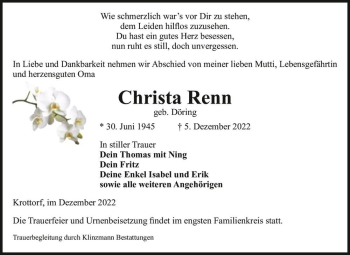 Traueranzeige von Christa Renn (geb. Döring)  von Magdeburger Volksstimme