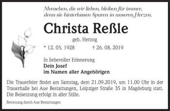 Traueranzeige von Christa Reßle (geb. Herzog)  von Magdeburger Volksstimme